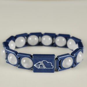 Clear quartz sphere bracelet in white and blue, front view